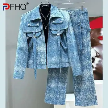 PFHQ Trendy Brand Fashion Denim Short Men's Jacket Set Straight Leg Jeans Two Piece Set Trendy Male Sets 21E2074 1