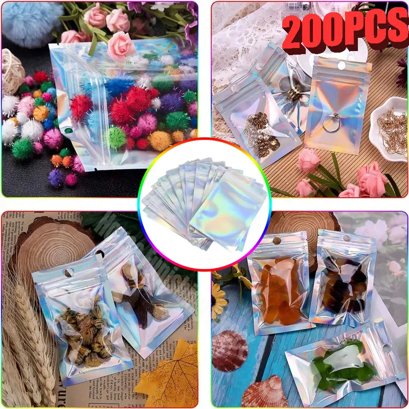 200PCS Laser Ziplock Bag Necklace Earrings Jewelry Gift Packing Bags Cell Phone Cases Colorful Packing Bags Kitchen Organizer