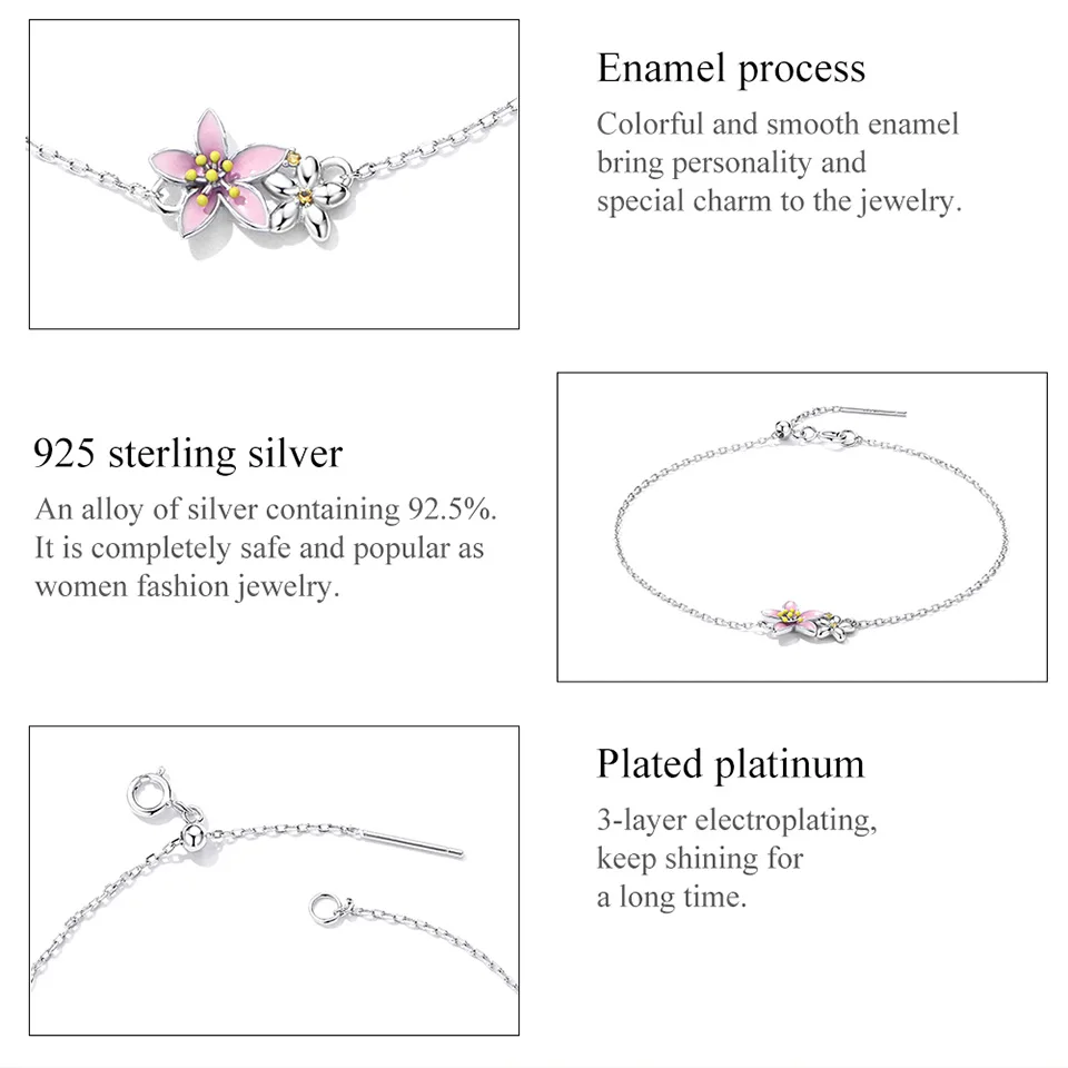 BISAER 925 Sterling Silver Bracelet Flower Beautiful Cherry