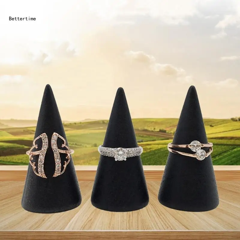 

B36D 5Pcs Solid Wood Rings Display Stands Cone Shape Rings Holders Jewelry