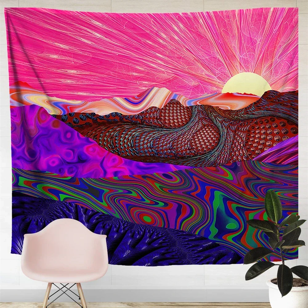 

Trippy Trek Tapestry, Psychedelic Mountain Sunrise, Girls Room Pink Wall Art Decor, Wall Hanging for Bedroom Living Room Dorm