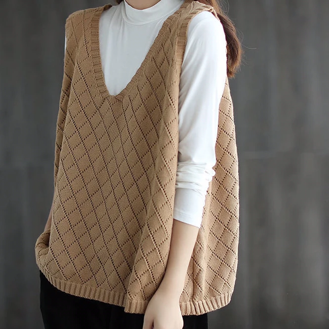 

Khaki European USA Spring Fall V-neck Knit Sleeveless Sweater Vest Loose Coat Outcoat Lady Top Cloth for Women girl Waistcoat