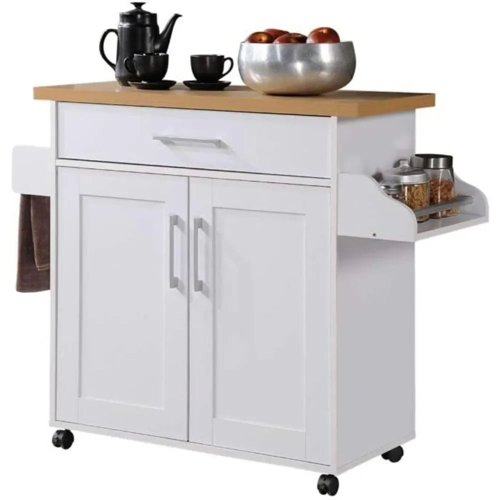 

Hodedah Kitchen Island with Spice Rack, Towel Rack & Drawer, White with Beech Top, 15.5 x 35.5-44.9 x 35.2 inches