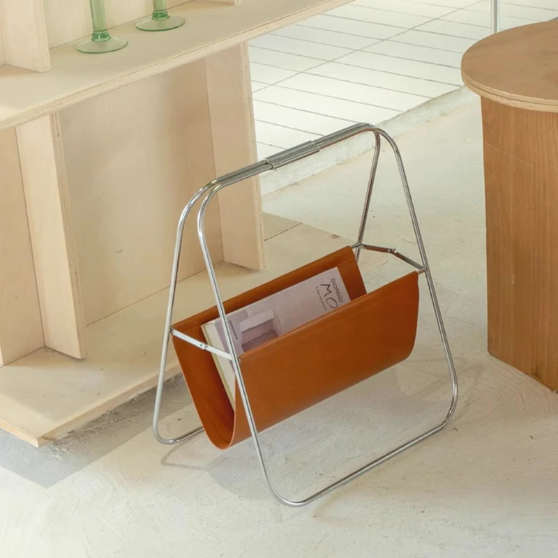 Nordic Vintage Metal Leather Magazine Rack MidCentury Foldable Newspaper Holder Floor Standing Book Storage Shelf Furniture FYMR