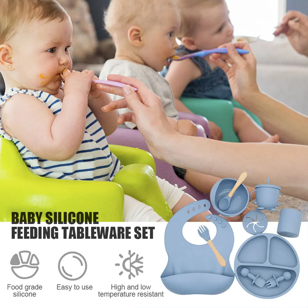 

Silicone Baby Plates Spoons Forks Bib Bowls Dish Cup Child Feeding Suction Kids Toddler Eating Tableware Dinnerware Non-slip Set