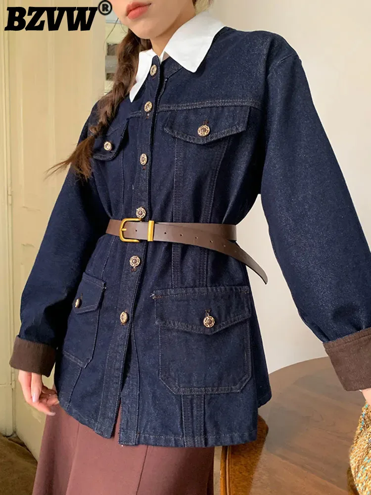 

BZVW 2023 Autumn New Long Sleeve Vintage O-neck Denim Top Women's Belt Multiple Pockets Designer Fashion Jacket Female 25X3128