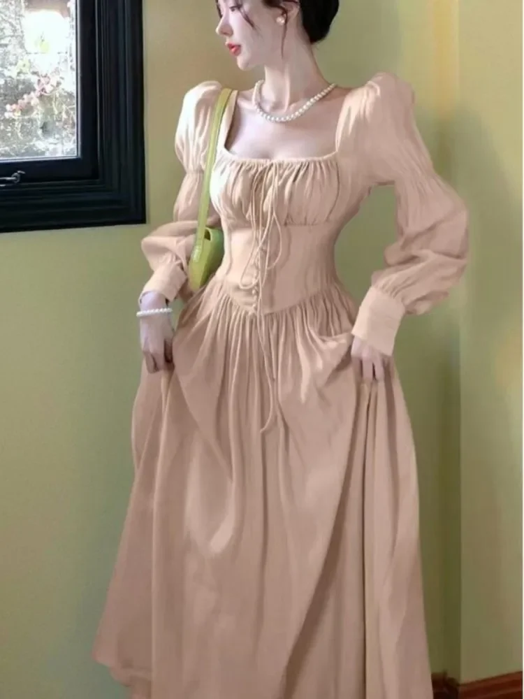 

Elegant Dress Princess Party Women High Waist A-line Lace Up Autumn Spring French Vintage Prom Robe One Piece Maxi Dresses