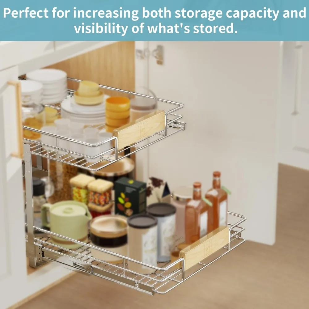 2 Tier Pull Out Cabinet Organizer 19&frac12;" W x 21&frac12;" D, Slide Out Drawers with Wooden Handle, Sliding Shelves Organization