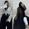 Black & White Modest Abaya with 3D Floral Applique - Crinkle Open Front Kaftan Set with Hijab