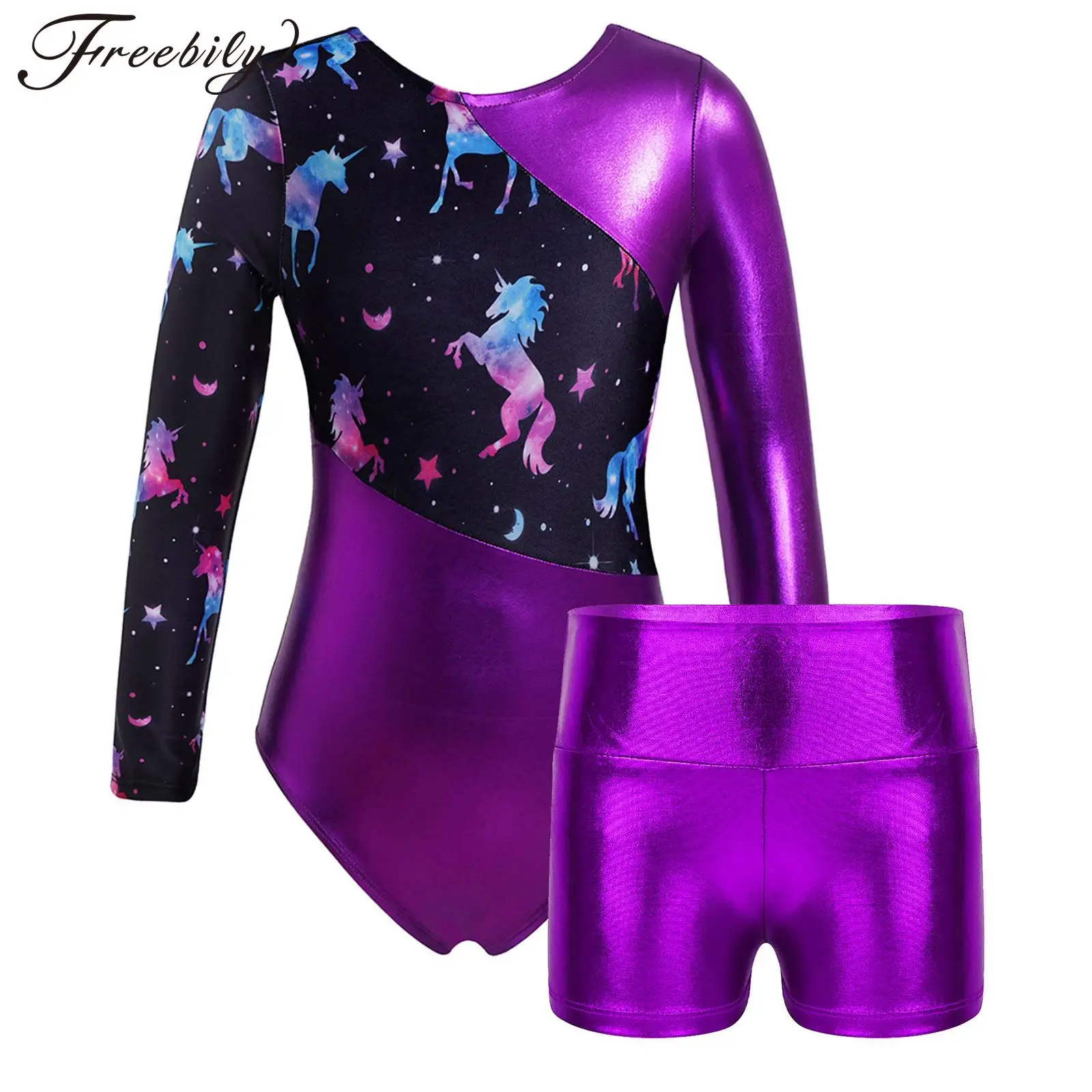 

Kids Girls Ballet Leotard Long Sleeve Printed Bodysuit with High Waist Shorts for Dance Gymnastic Stage Performance Dancewear