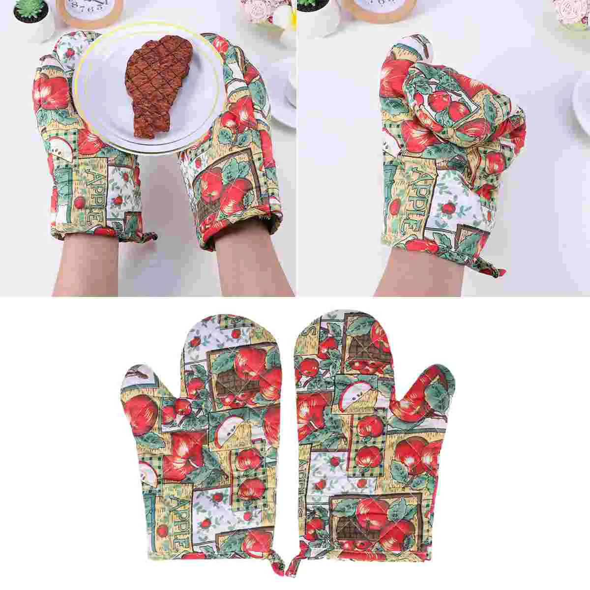 

2Pcs Oven Mitts Apples Pattern Gloves Non-Slip Oven Gloves Hot Pads Potholders Cooking Baking Gloves Kitchen Cooking Baking