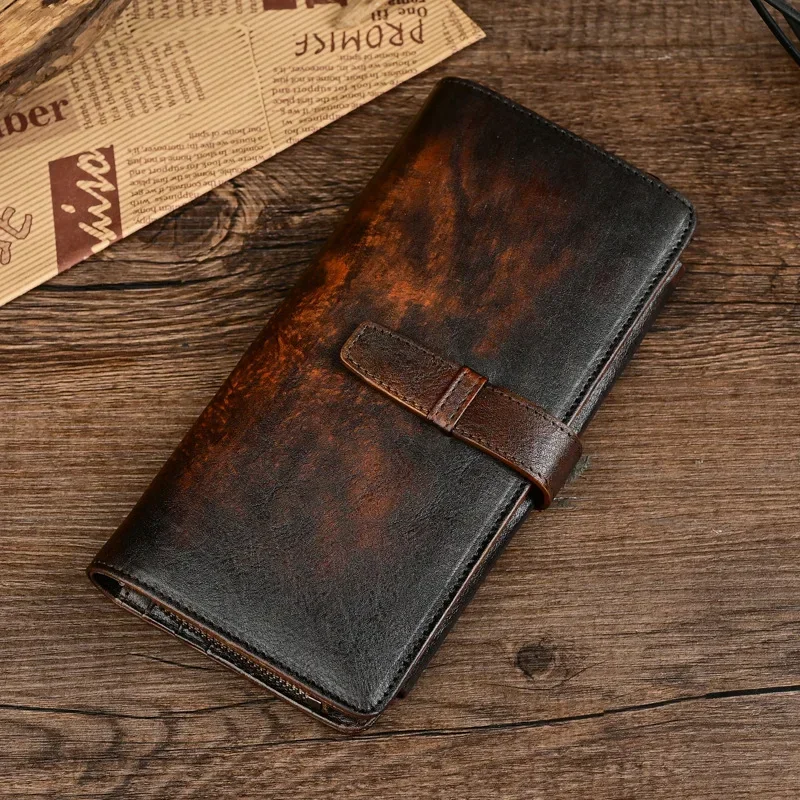 Vintage Distressed Leather Men's Wallet with Multiple Card Slots and Zipper Coin Pocket