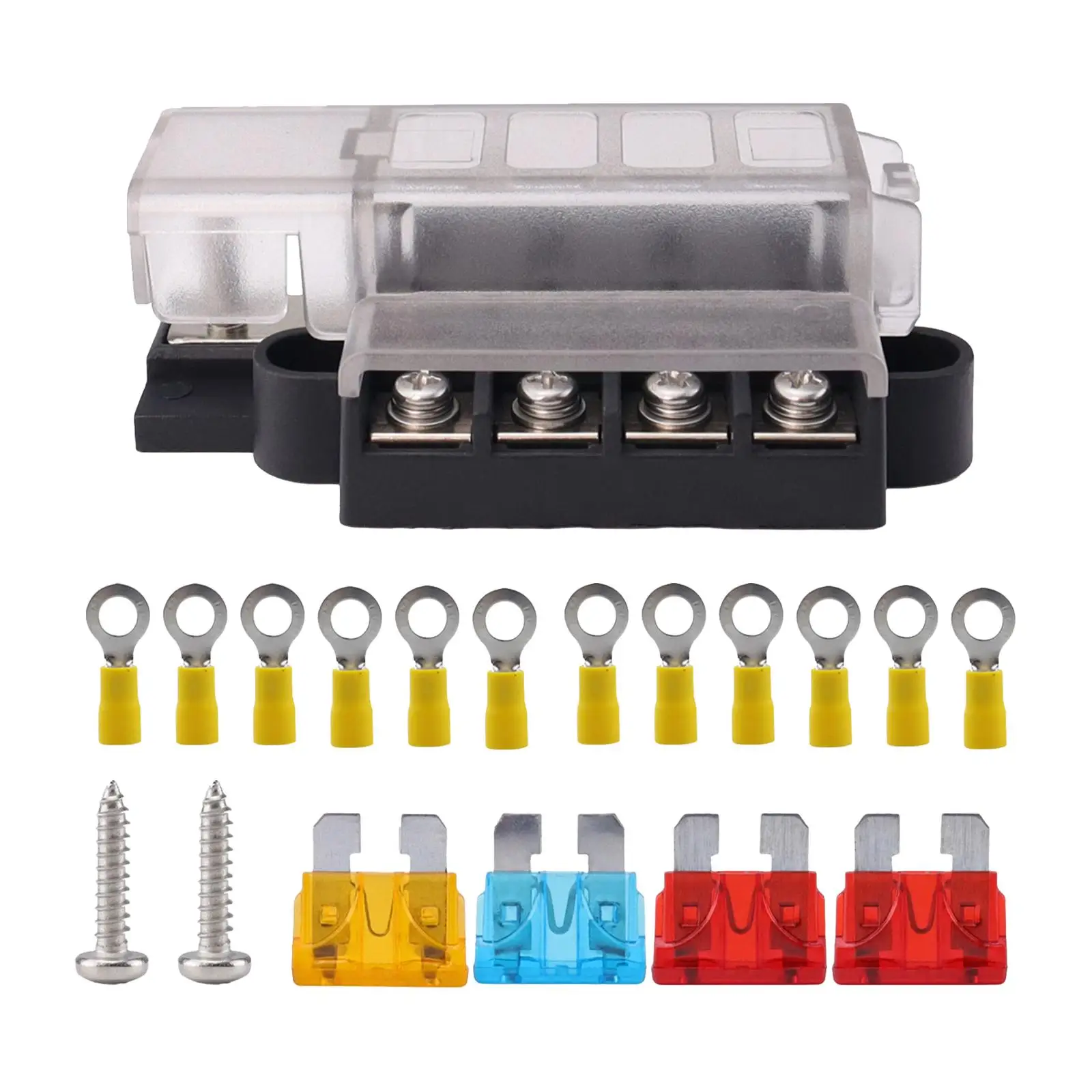 

4 Way Fuse Box 1 in 4 Out Spare Parts Convenient Accessory Protection 32V Blade Fuse Block for Marine RV Car Boat Vehicle