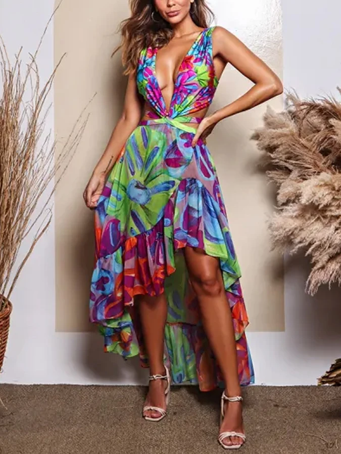 Colorful Print Sexy Deep V One Piece  Lace-up Design Floaty Beach Skirt Front Short Fashion Women Bikini Set And Long Cover Up