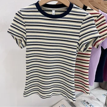 AOSSVIAO 2025 سليم صالح تي شيرتات قصيرة الاكمام المرأة موضة الكورية نمط س الرقبة كتلة اللون مخطط علوي الصيف مثير القمم 3