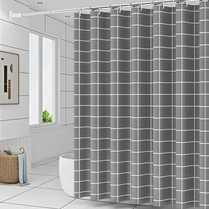 Textured fabric shower curtain 180cm x 200cm gray and white printed plaid with hook shower curtains