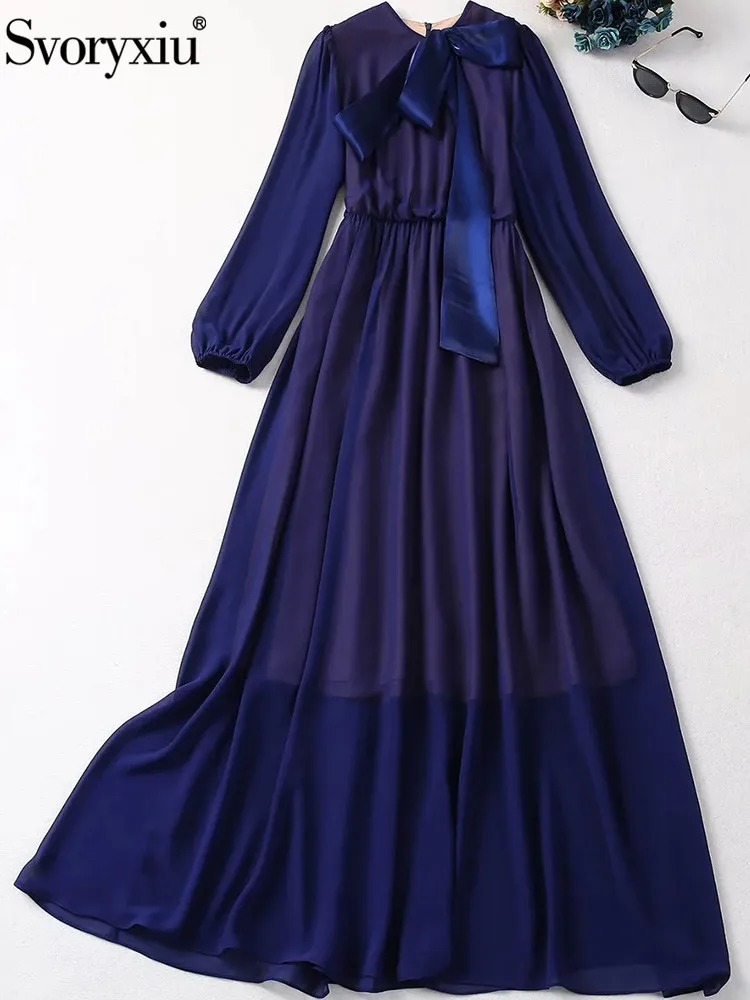 

Svoryxiu Fashion Designer Autumn Dark Blue A-Line Dress Women's Butterfly-knot O-Neck Lantern Sleeve High Waist Big Swing Dress
