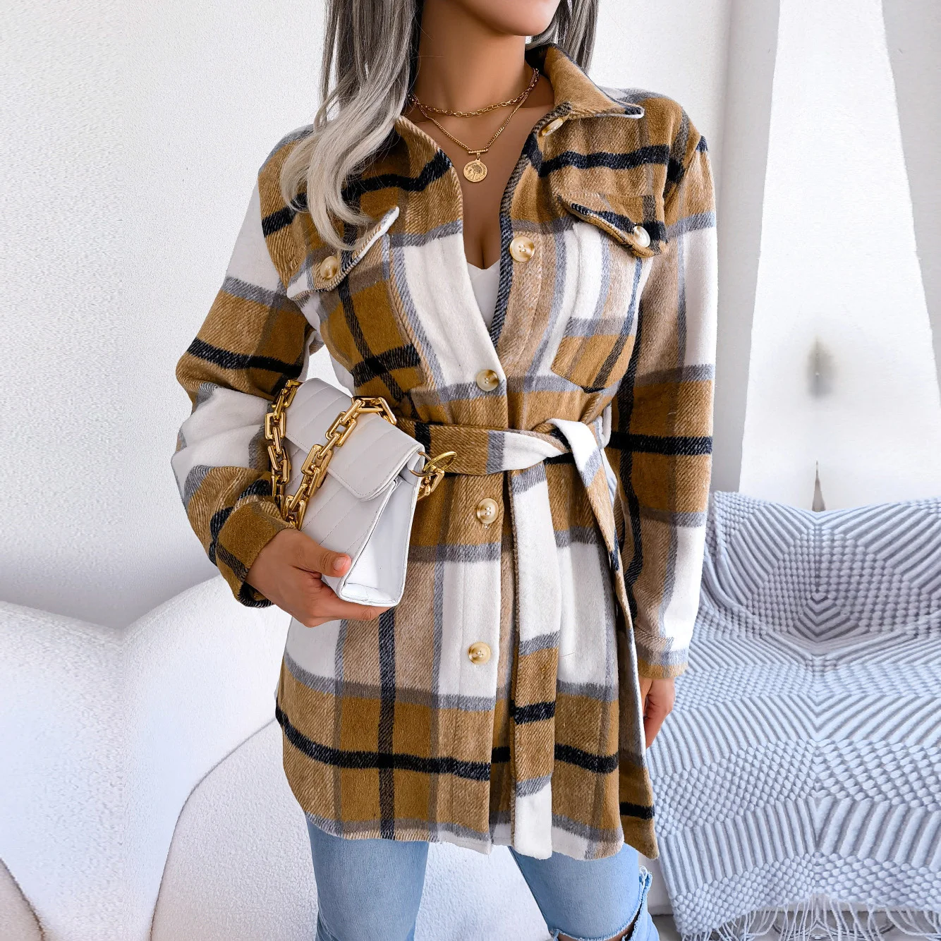 

Ficusrong Women Autumn Winter Casual Contrast Plaid Long Sleeve Bandage Heavy Woolen Coat For Fashion