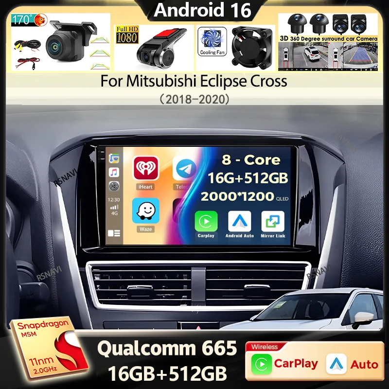 Radio para Auto Android 16 con Carplay para Mitsubishi Eclipse Cross 2018 2019 2020, Reproductor Multimedia de Video, Navegación GPS, Estéreo 2din 1