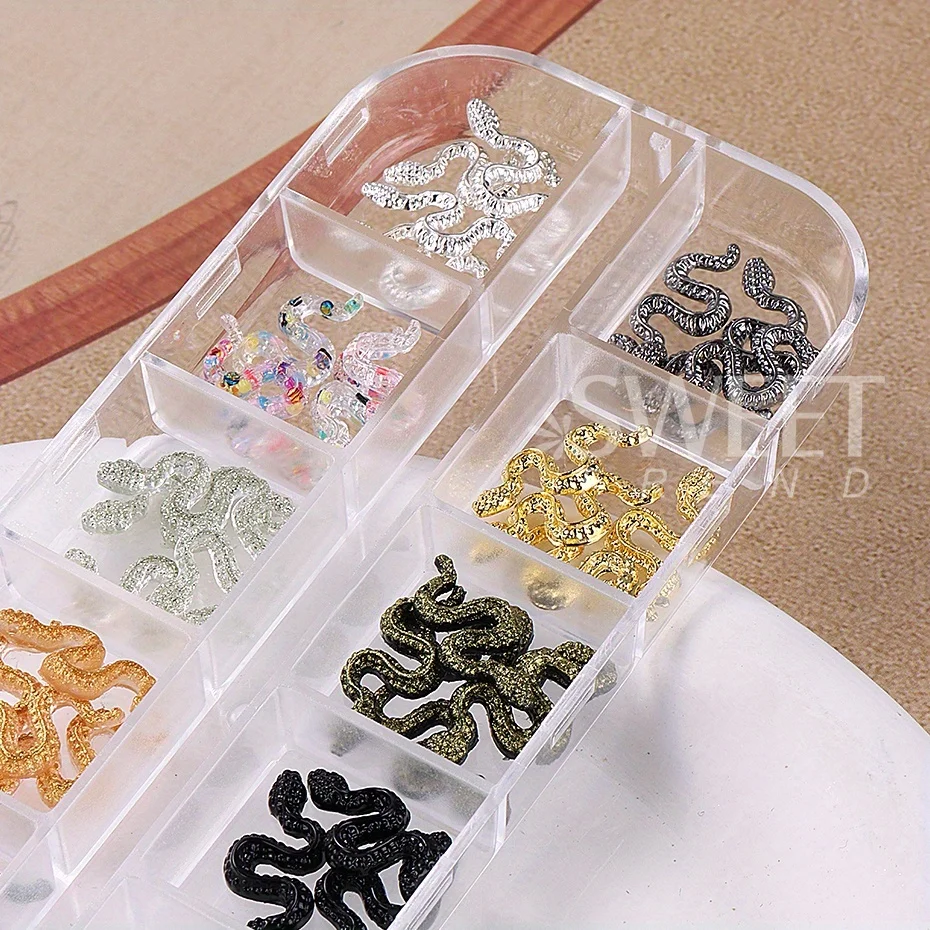 12 Grids Punk Gothic Snake Nail Decoration Charms Resin And Metal Design Shiny Jewelry DIY Halloween Holiday Style Manicure Part