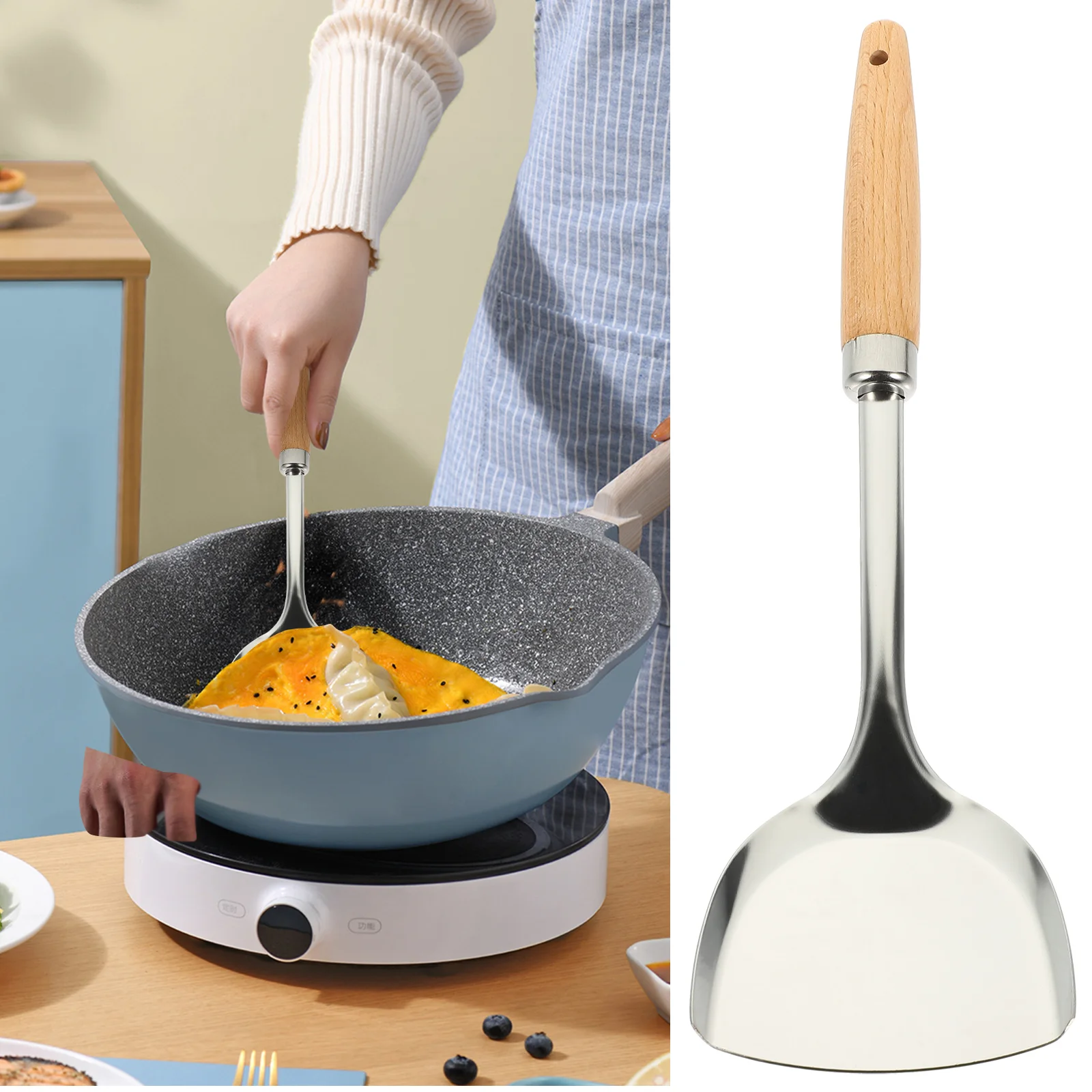 

Kitchen Utensil Set Small Spatula Stainless Steel Wok Spatula 2Pcs Non Stick Cooking Shovel Metal Turner Wooden Handle Cooking