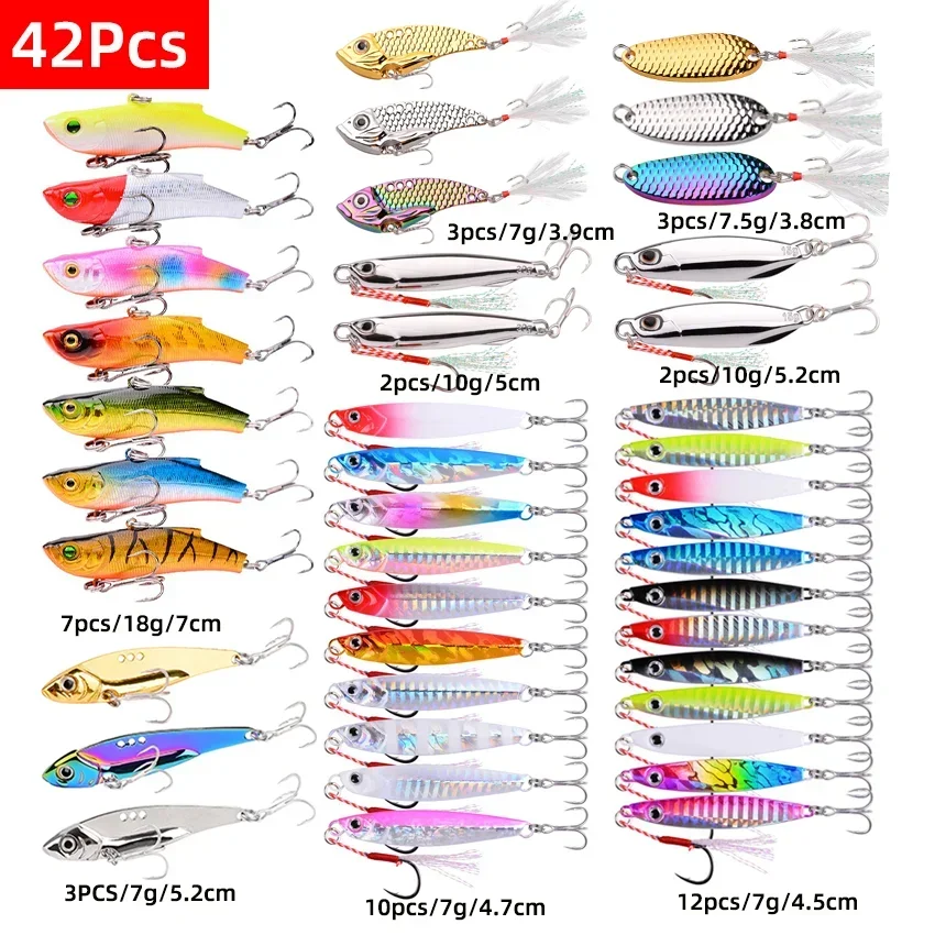 

42Pcs Mix Metal Cast Jig Spoon Fishing Lure Shore Casting Jigging Fish Sea Bass Artificial Bait Tackle SwimBait Tuna Pesca