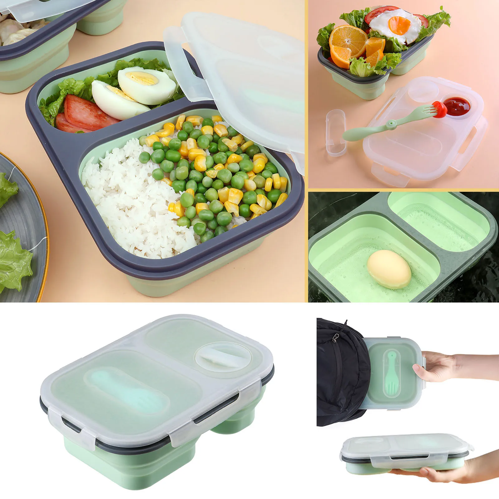 Silicone Folding Lunch Box Rectangular Compartment Portable Sealed Lunch Box Insulation Food Organizer for Pantry