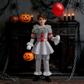 Scary Movie Clown Costume Boys Killer Tops With Pants For Children Kids Joker Halloween Role-Play Party Carnival Dress Up Outfit 1