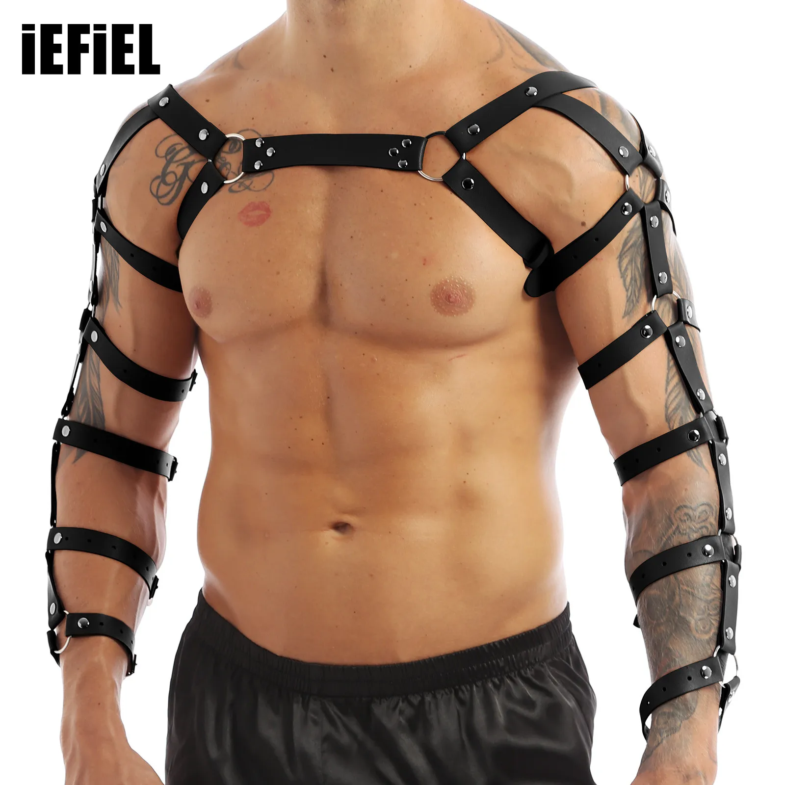 

Men Gothic Punk Faux Leather Harness Costume Adjustable Arm Caged Body Chest Muscle Belt with Metal O Rings