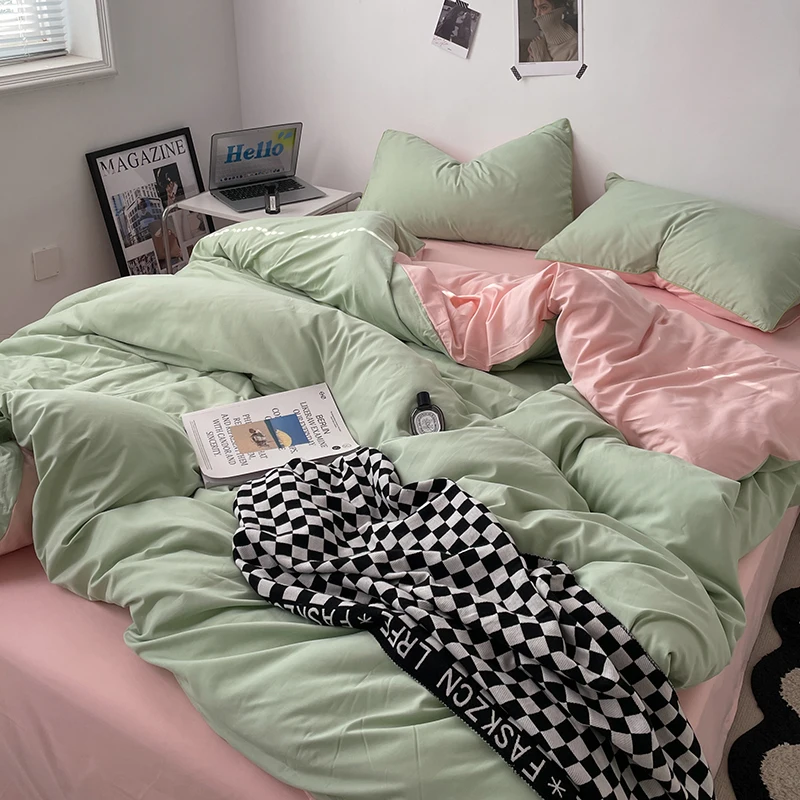 100% Cotton Pink Bedding Set Nordic Chic Duvet Cover Flat Sheet Pillowcase Soft Comforter Cover Bed Linen Boy Girl Home Textiles 6