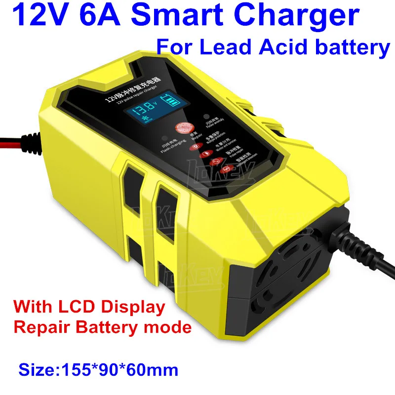 12V 6A Intelligent Car Motorcycle Battery Charger for Auto Moto Lead Acid AGM Gel VRLA Smart Charging 6A 12V Digital LCD Display