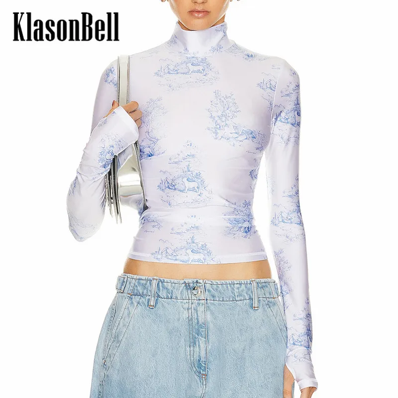 

10.11 KlasonBell Print Pattern Fashion Comfortable Turtleneck Long Sleeve Stretch Slim T-Shirt Women