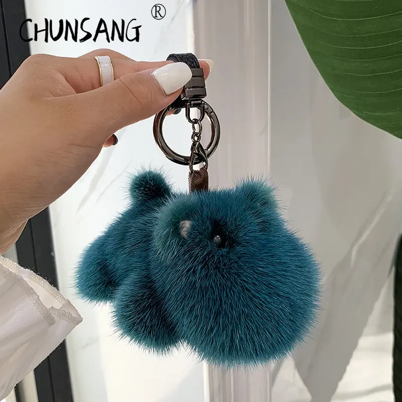 

2022 New In Hippo Real Mink Fur Handmade Cute Key Chain Keychains Bag Accessory Car Keychain Gift Keyrings Gifts for Women