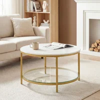 JHK 31IN Marble Round Coffee Table For Living Room 2-Tier Center Counter with Storage Metal Frame Glass Base Tables Modern 2