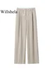 Willshela Women Fashion Solid Lace Up Side Zipper Straight Pants Vintage High Elastic Waist Female Chic Lady Trousers