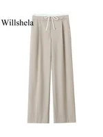 Willshela Women Fashion Solid Lace Up Side Zipper Straight Pants Vintage High Elastic Waist Female Chic Lady Trousers - Image 3