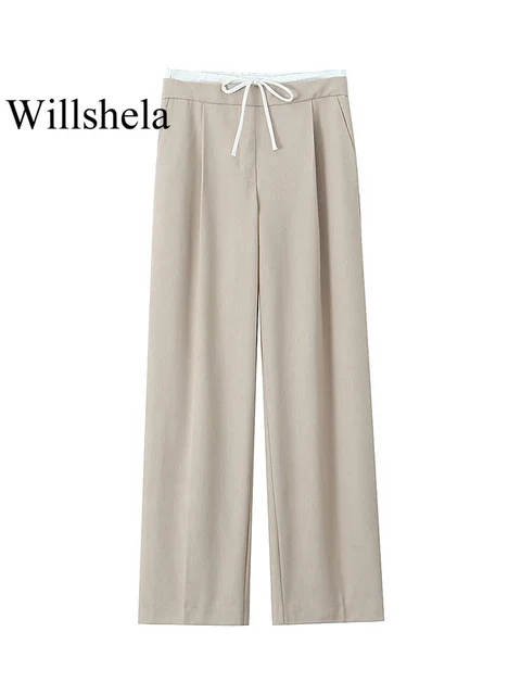 Willshela Women Fashion Solid Lace Up Side Zipper Straight Pants Vintage High Elastic Waist Female Chic Lady Trousers