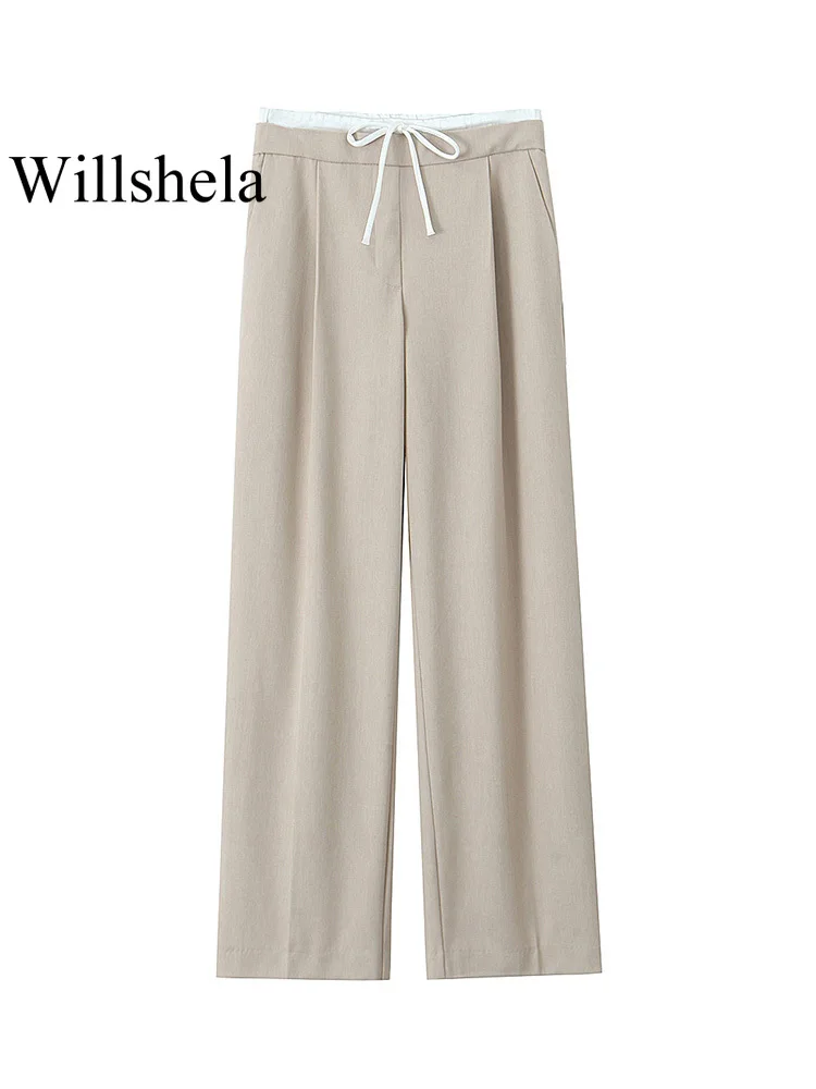 Willshela Women Fashion Solid Lace Up Side Zipper Straight Pants Vintage High Elastic Waist Female Chic Lady Trousers 3