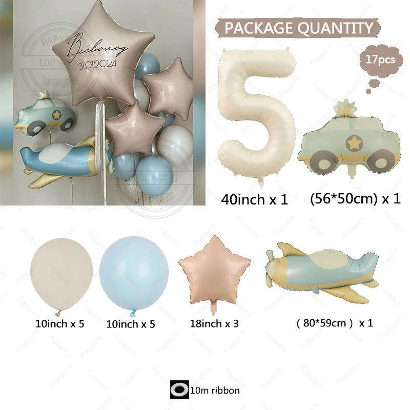thumbnail image 1 of 17 piezas de globos de aluminio mate con forma de avión de combate y coche de policía para niños de 1, 2, 3 y 5 años, suministros de decoración para fiestas de cumpleaños, baby shower 2024, 1 of 5