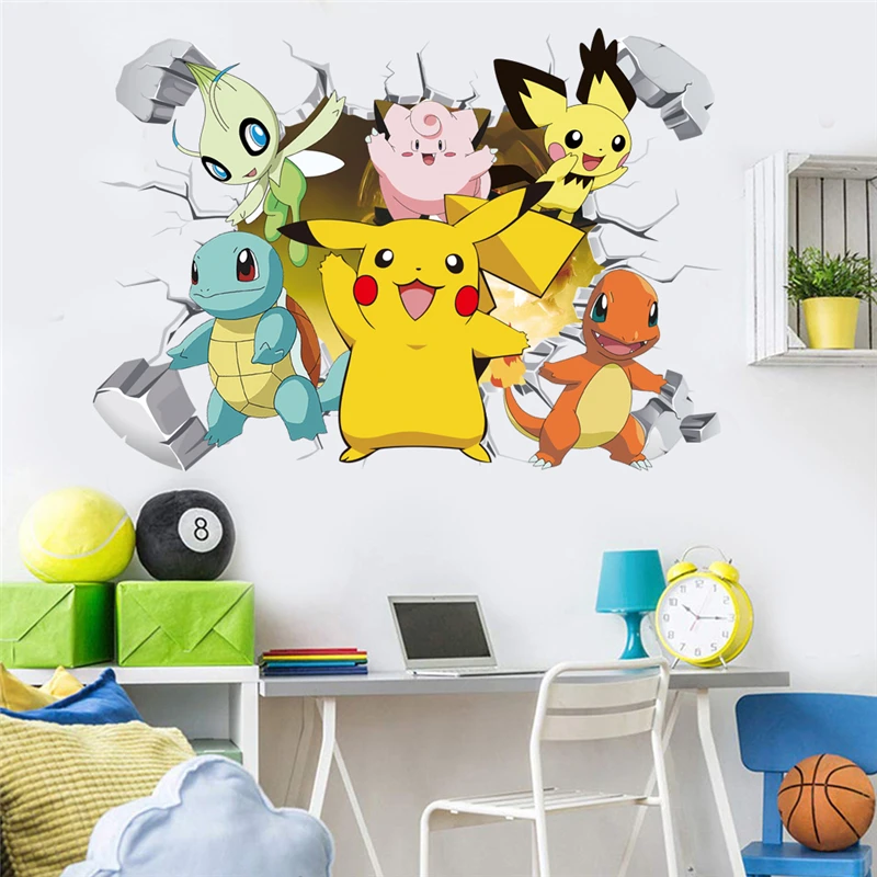 Pikachu z kreskówki naklejki ścienne do pokoju dziecięcego przedszkole salon dekoracja DIY na ścianę do dekoracji sypialni animowany plakat dekoracja sypialni