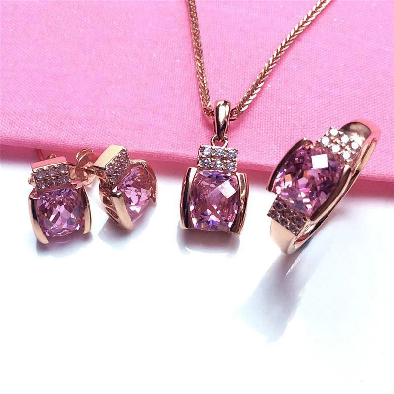 

Romantic Sweet Style Square Pale Pink Gemstone Jewelry Set Wedding Necklac 585 Purple Gold 14K Rose Gold Ring Earrings for Women