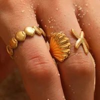 2pcs/Lot Stainless Steel Creative Starfish Shell Rings Waterproof Adjustable Open Ring For Women Seabeach Jewelry Party Gifts 1