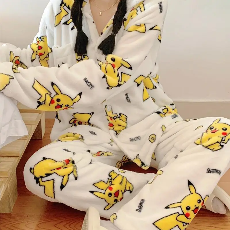 Kawaii Pokemon Cartoon Nightdress Short Plush Pajamas Winter Warm Pikachu  Cute Kirby Pajamas Christmas Birthday Creative Gifts - AliExpress