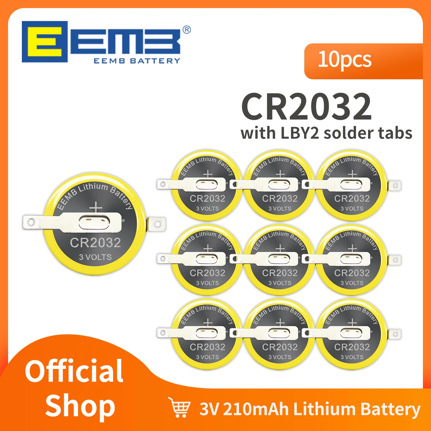 EEMB 10PCS CR2032 Battery With LBY2 Solder Tabs CR2032 Tabbed Battery