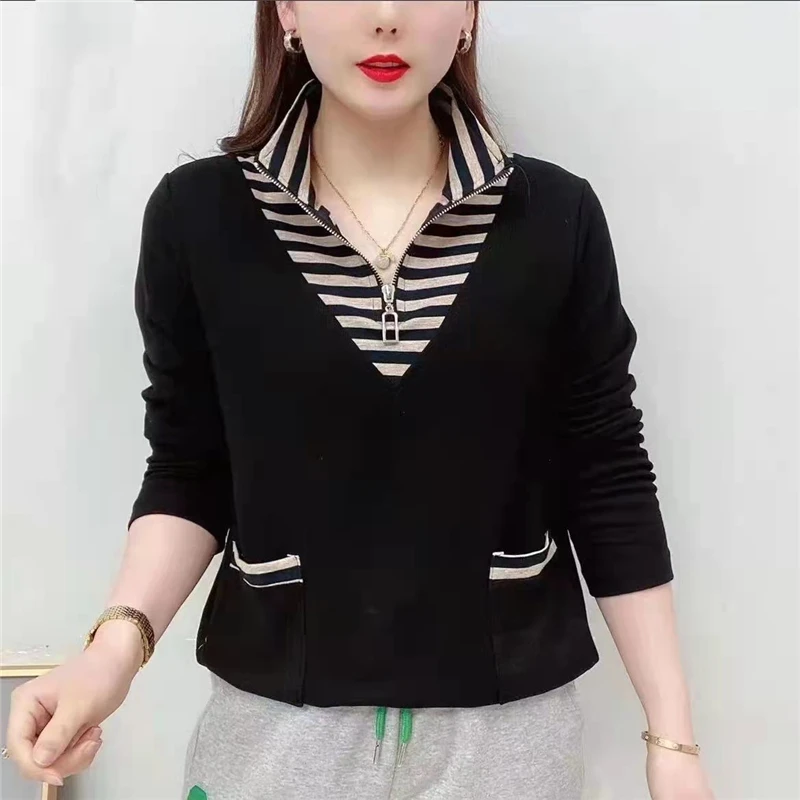 Women Striped Patchwork Casual Streetwear Pockets Half Zipper Sweatshirts Y2K Female Stand Collar Long Sleve Loose Pullover Tops