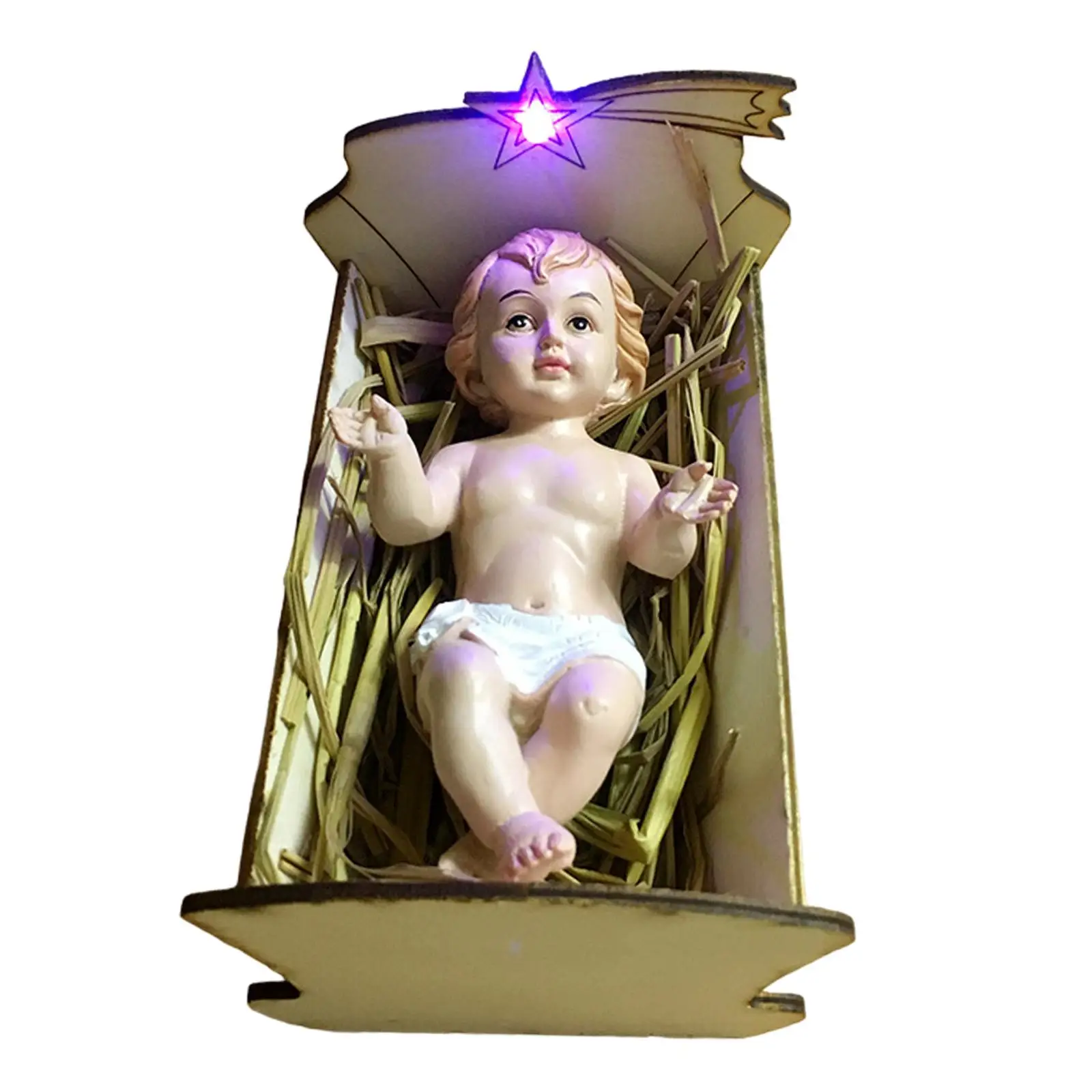 Babies Jesus Statue Wooden Manger Nativity Scene Decor Christmas Resin Sculpture for Indoor Holiday Home