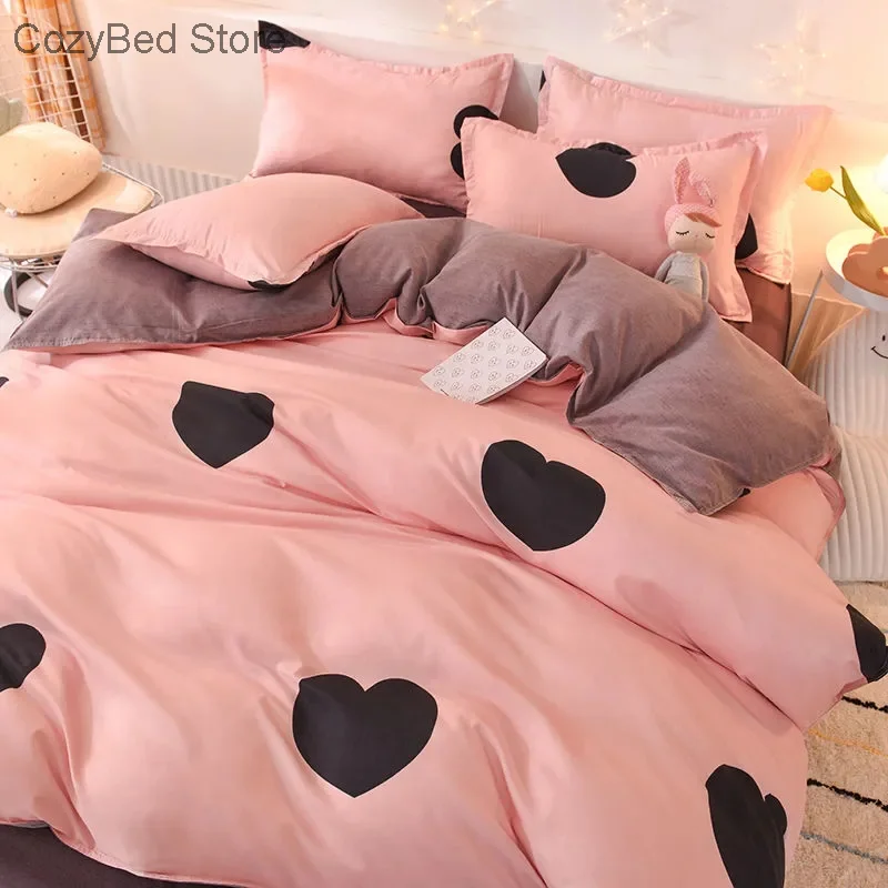Pink Heart Bedding Set Lovely Bed Linen Sheet Duvet Cover 240x220 Single Double Queen King Quilt