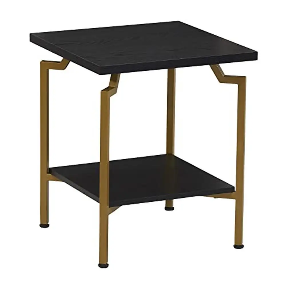 

Square Black Oak Wood Grain Gold Metal End Table Nightstand Storage Shelf Square Designer Traditional Style Crown Series