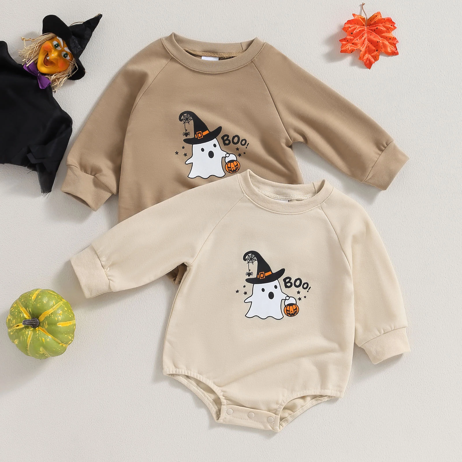 

Baby Girls Boys Sweatshirts Rompers Halloween Clothes Ghost Letter Print Crew Neck Long Sleeve Toddler Fall Bodysuits