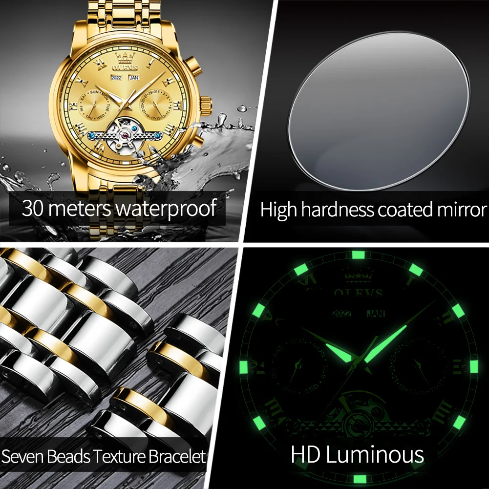 Olevs Mannen Mechanisch Horloge Automatische Luxe Rvs Waterdicht Datum Week Groene Fashio Klassieke Horloges Reloj Hombre